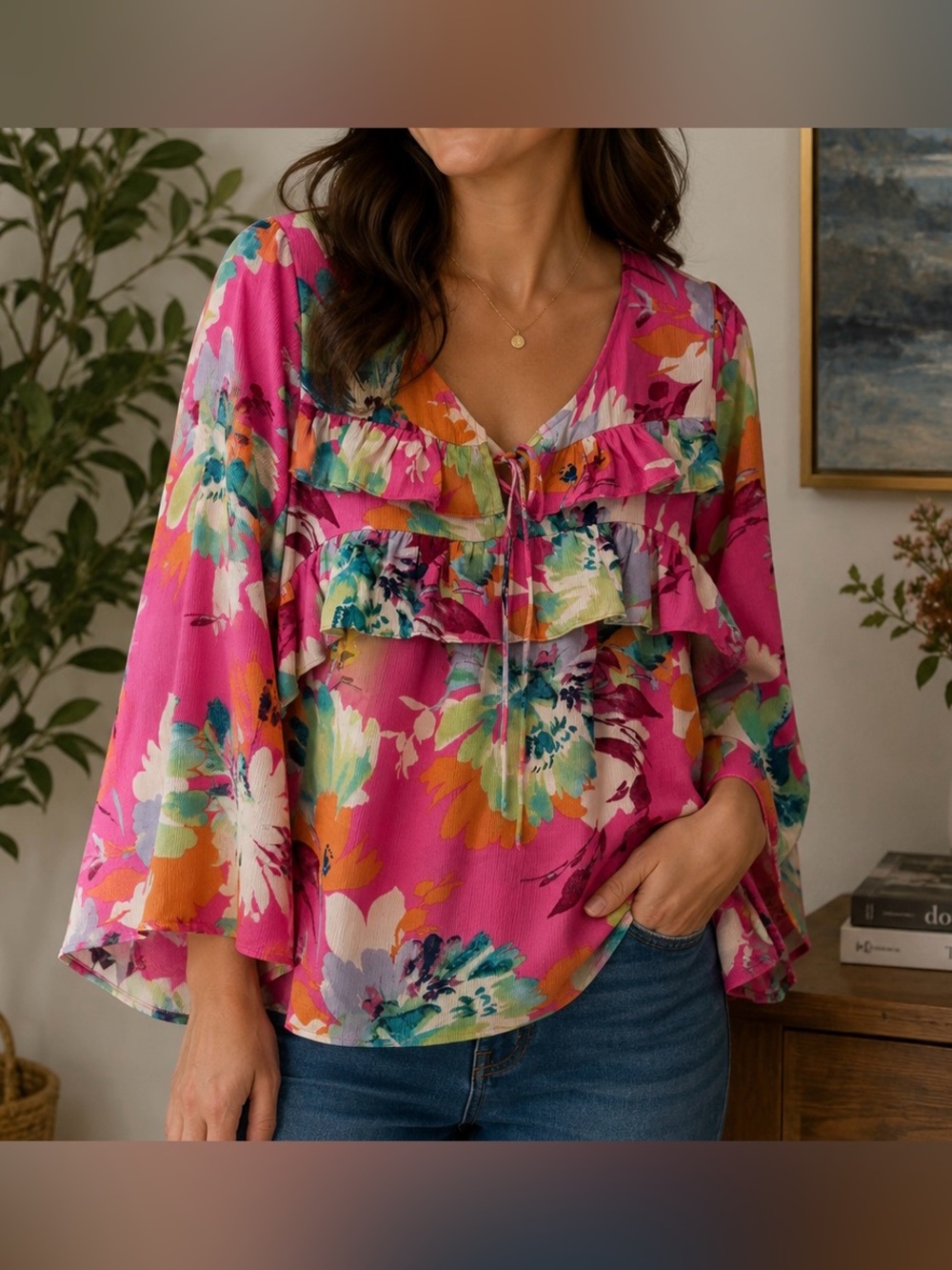 Easel Pink with Multicolor Floral Ruffle Detail Blouse - Size M NWT